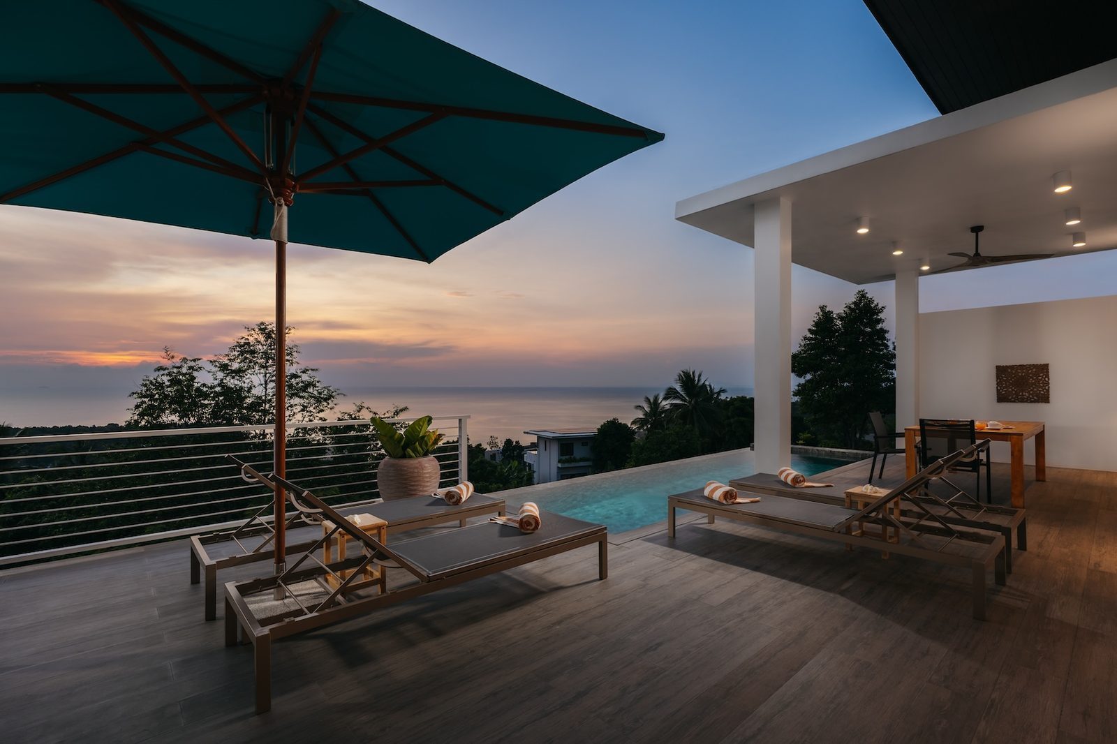 Sundown on the deck — west-facing infinity pool